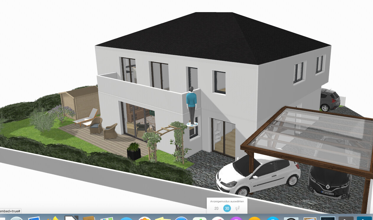 Modernes zweistöckiges Haus mit Garten, Terrasse, Carport, Autos und Person außen.