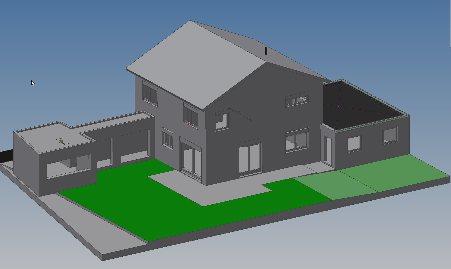 3D-Architekturmodell eines modernen Hauses mit grauen Wänden, Garten und Zufahrt