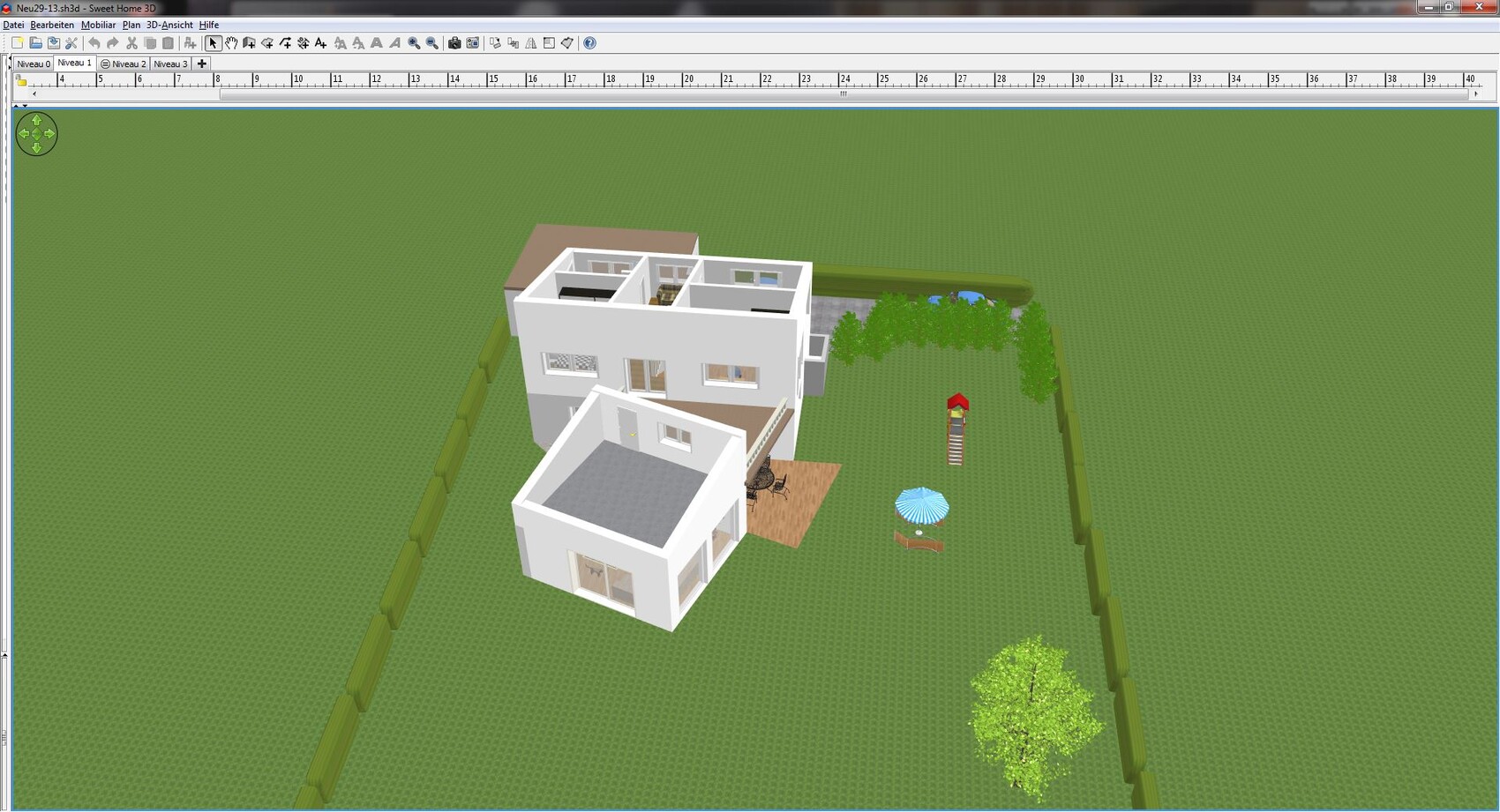 3D-Hausmodell eines modernen Einfamilienhauses mit Terrasse und Garten.