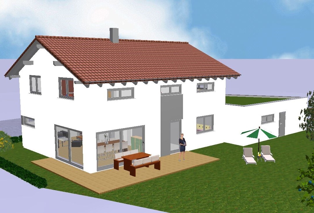 Modernes weißes Haus mit rotem Ziegeldach, Terrasse, Garten, Lounge-Sessel, Sonnenschirm, eine Person.
