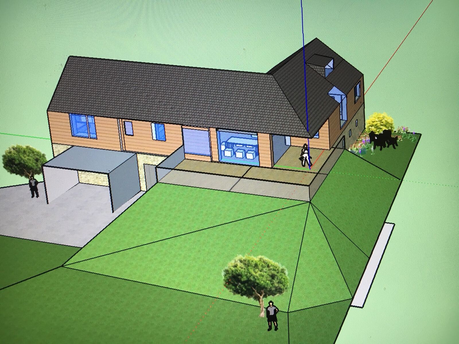 3D-Architekturmodell eines Wohnhauses auf Hanggrundstück mit Garage und Garten.