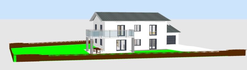 Moderne zweigeschossige weiße Villa mit Balkon, Terrasse und Garten und Garage.