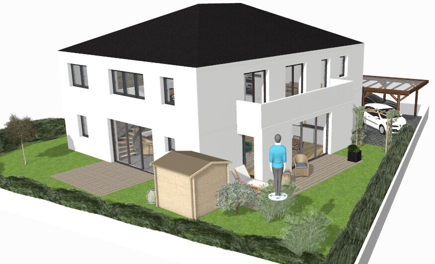 Modernes weißes Haus mit schwarzem Dach, Garten, Terrasse, Carport und eine stehende Figur.