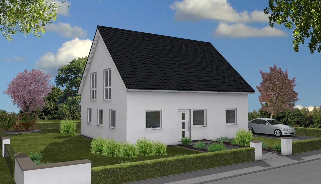 Weißes Einfamilienhaus mit schwarzem Satteldach, Garten und geparktem Auto.