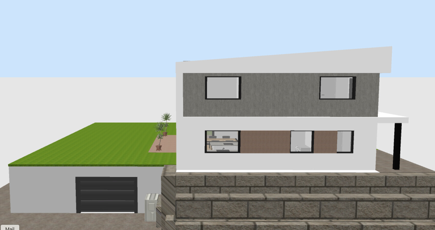 Moderne zweistöckige Villa mit grauer Obergeschossfassade, weißem Sockel und Steinmauer.