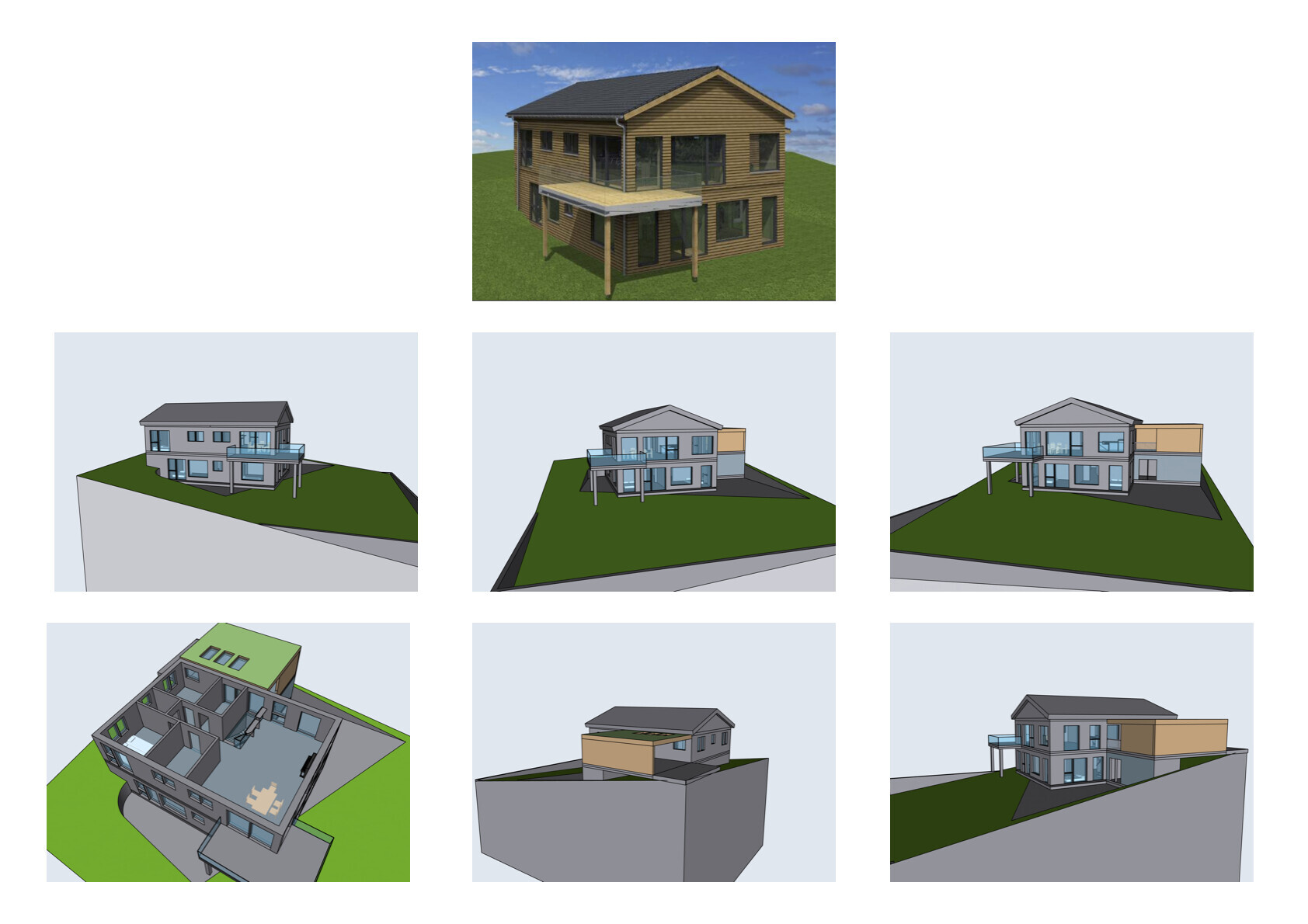 Collage aus neun Ansichten eines Hauses: Foto eines Holzhauses oben, weitere Renderings darunter.
