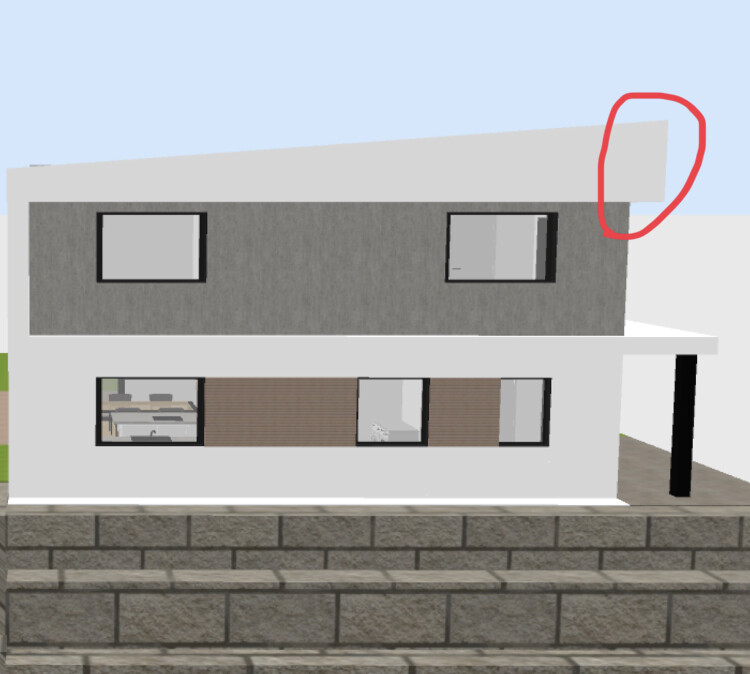 Zweistöckiges modernes Haus mit grauem Obergeschoss, weißer Erdgeschossfassade und großen Fenstern.