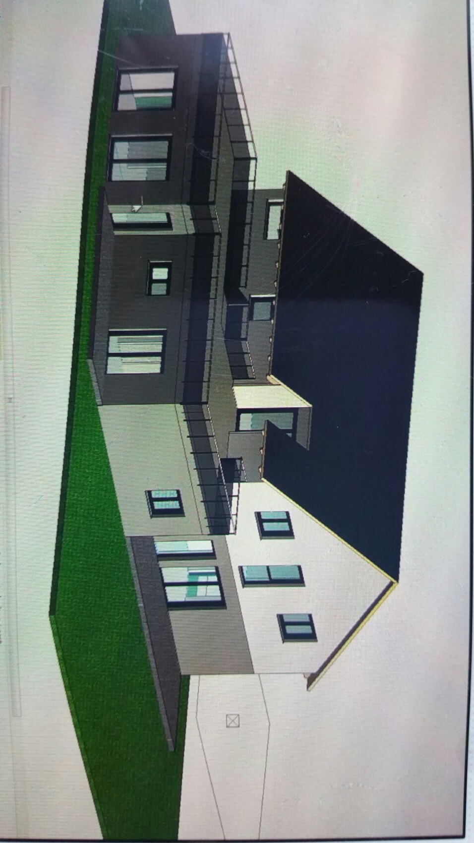 3D-Rendering eines modernen mehrgeschossigen Hauses mit dunkler Fassade und Terrasse.