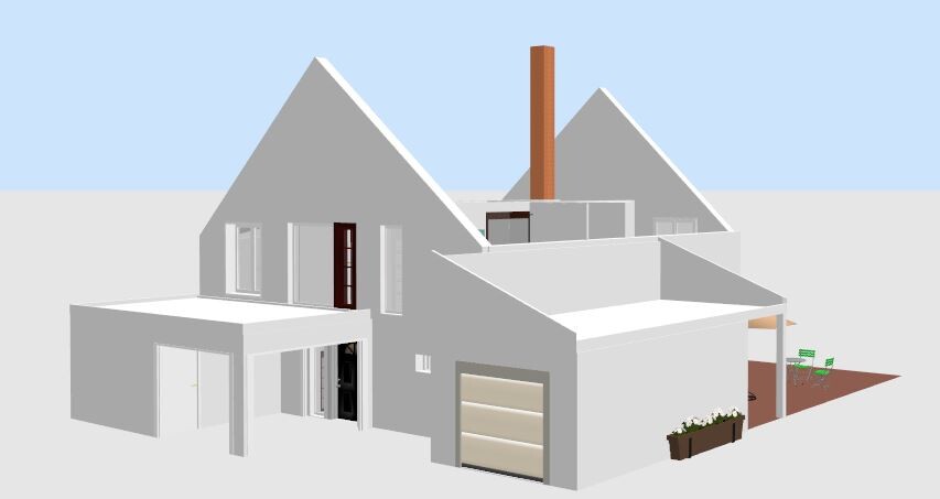 Moderne 3D-Haus-Außenansicht mit Carport und mehreren Gebäudeteilen