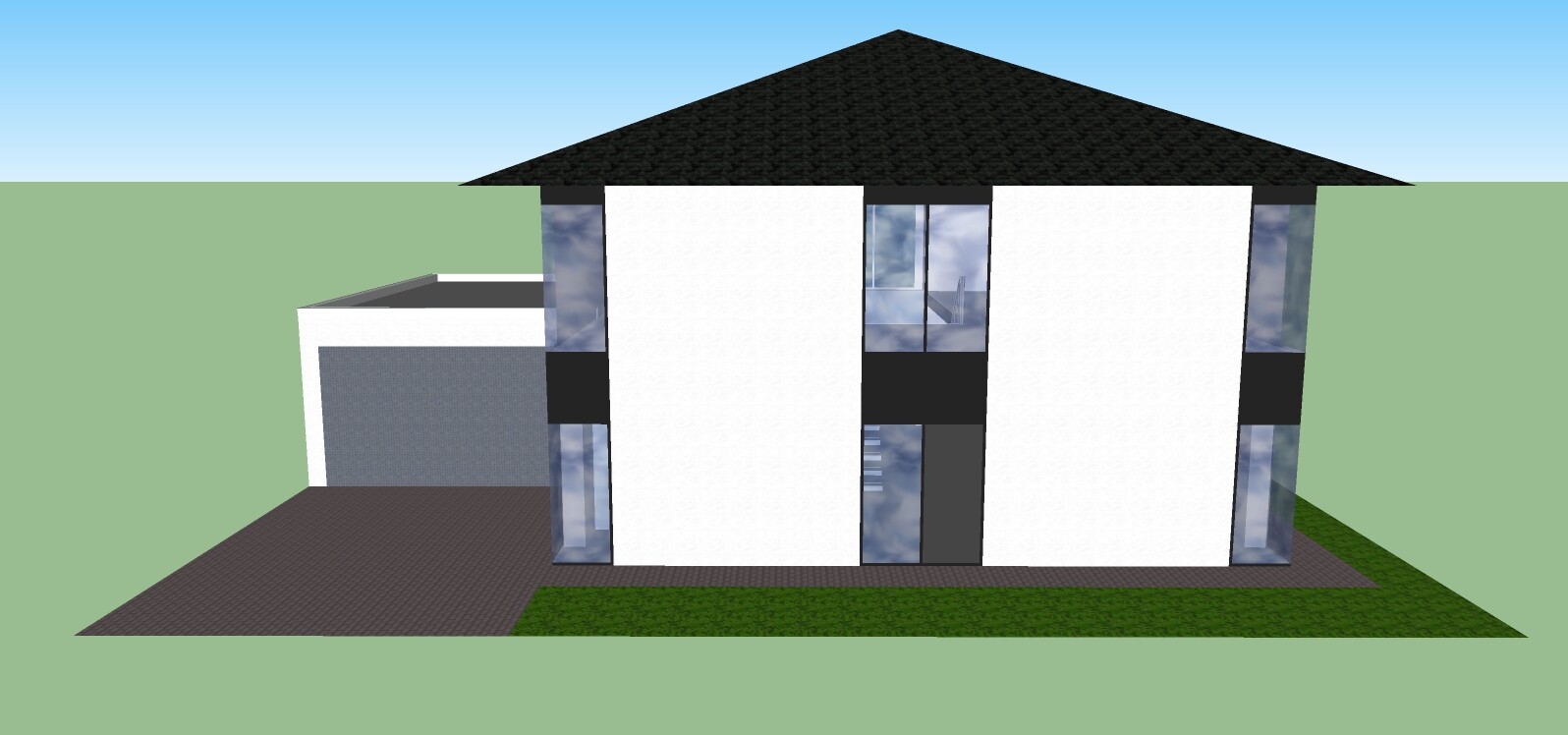 Modernes zweigeschossiges Hausmodell mit weißem Putz, schwarzem Dach, große Fenster und Garagenanbau links.
