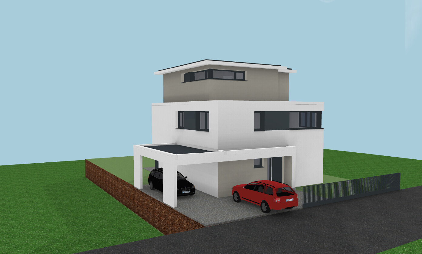 Modernes dreistöckiges Haus mit Carport; schwarzer PKW darunter, roter Wagen davor.
