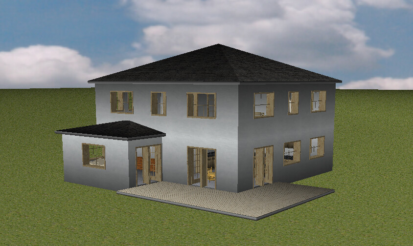 Zweistöckiges graues Haus mit dunklem Dach, Anbau links, viele Fenster, Terrasse davor