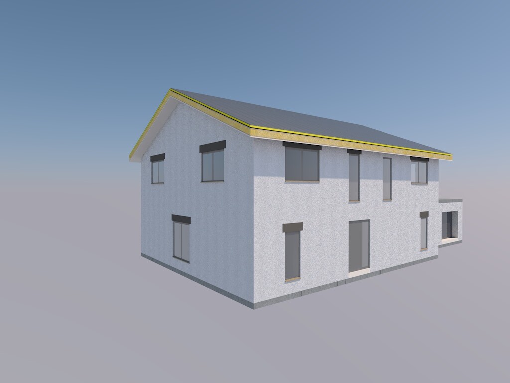 Zweistöckiges Haus mit weißer Fassade, grauen Fenstern und gelbem Dachrand; rechte Terrasse.