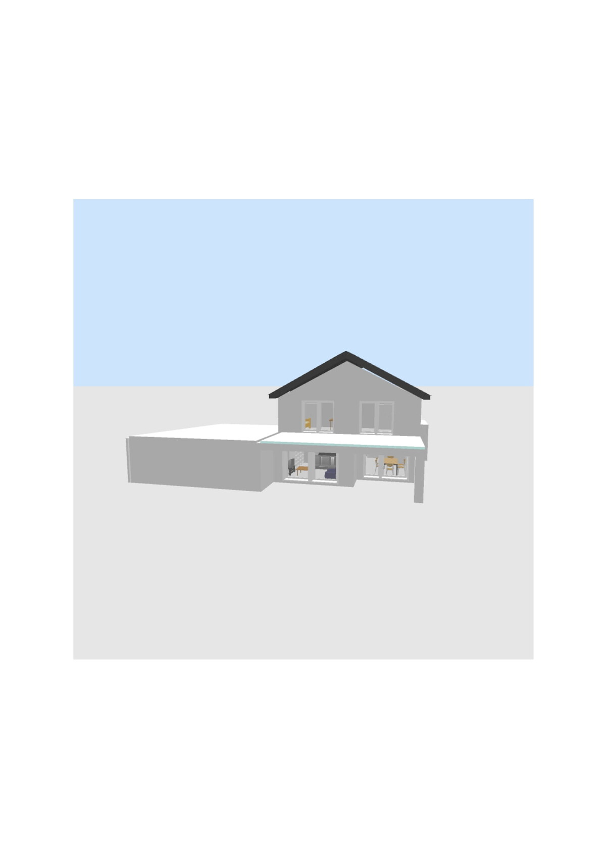 Modernes zweistöckiges Haus mit Flachdach-Erweiterung und Terrasse vor blauem Himmel