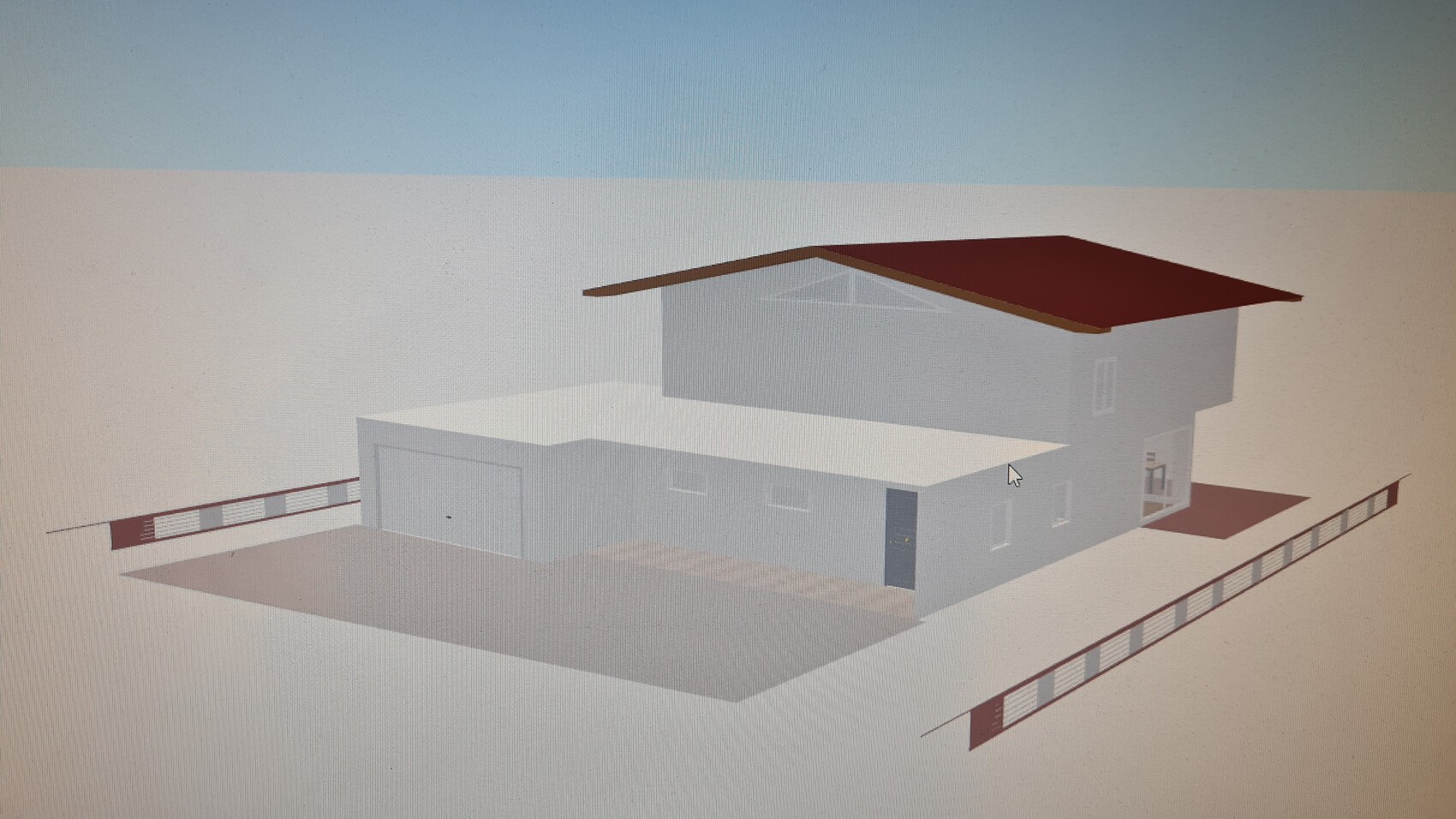 Modernes zweistöckiges Haus, graue Fassade, braunes Dach, Garage links, Zaun um das Grundstück.