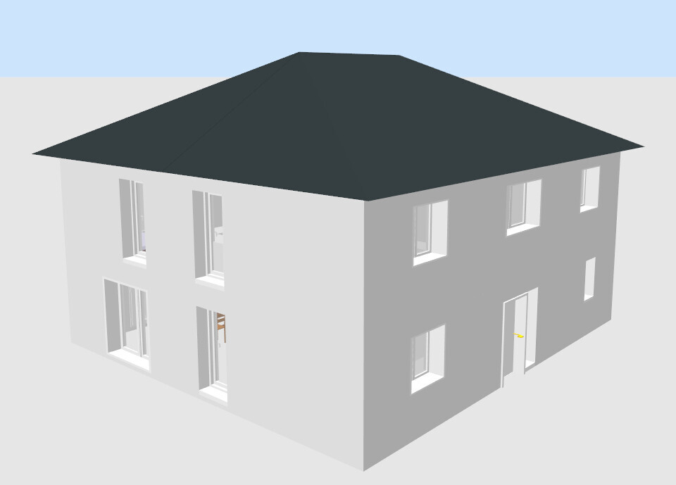 3D-Rendering eines zweistöckigen grauen Hauses mit dunklem Walmdach und vielen Fenstern