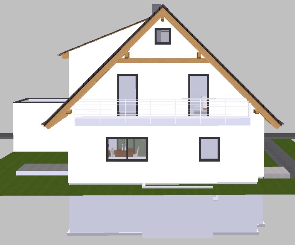 Modernes weißes Einfamilienhaus mit Satteldach, Balkon und großen Fenstern im Garten.