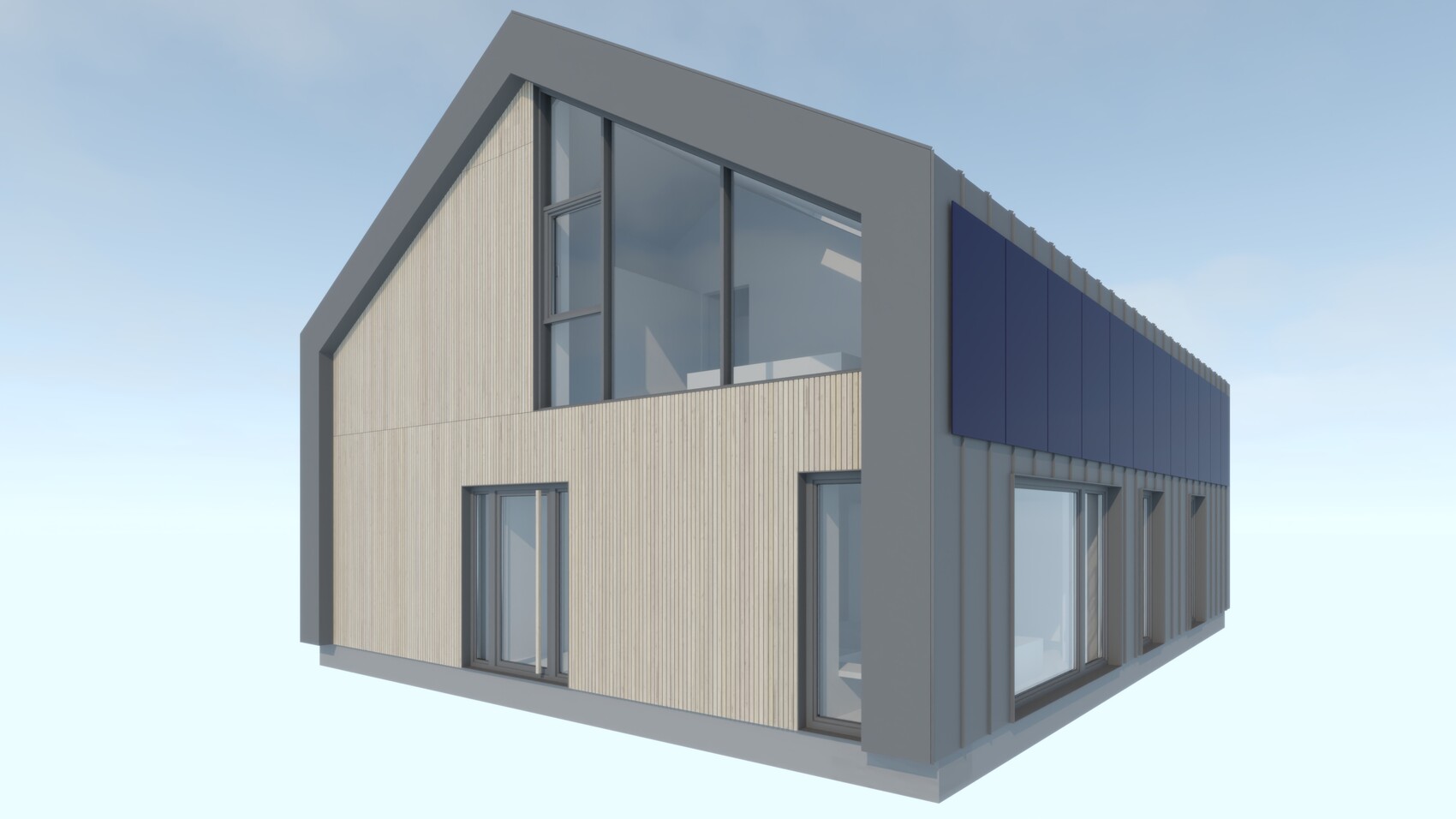 Moderne zweigeschossige Gebäudestruktur mit Holzwand, großen Fenstern und blauer Fassadenverkleidung