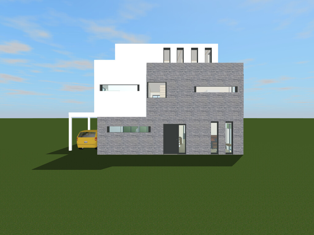Modernes graues Backsteinhaus mit weißem Anbau, Carport und gelbem Auto auf Grünfläche.