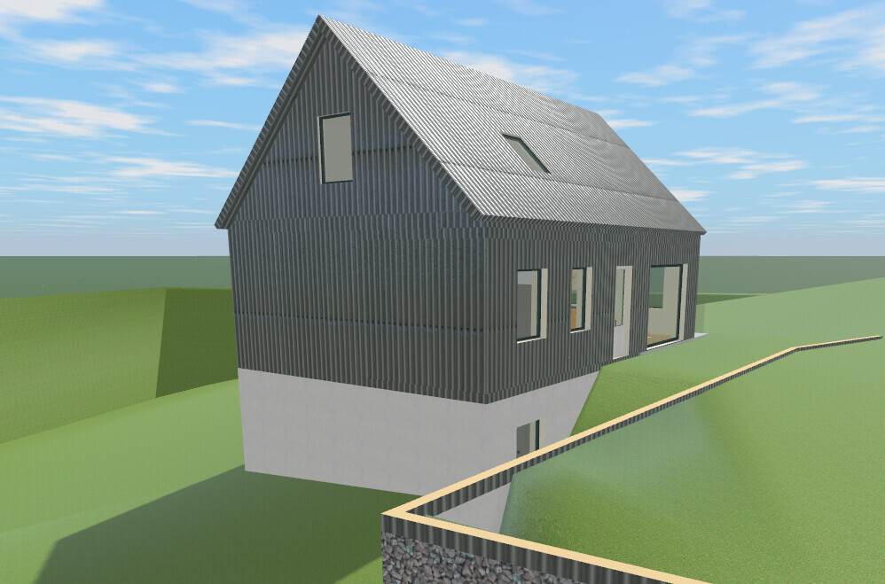 Modernes Haus mit grauer Metalfassade, Betonfundament, Satteldach mit Dachfenstern, Hanglage.