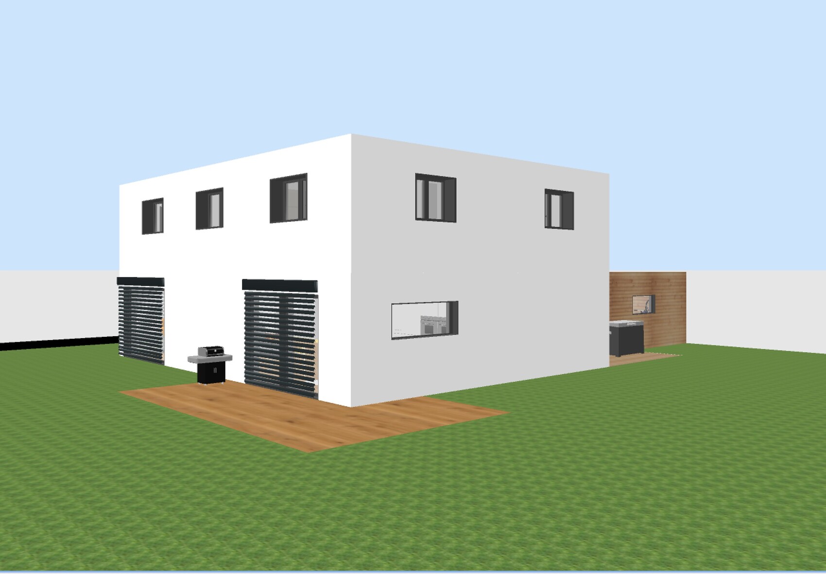 Modernes zweistöckiges Haus mit weißer Front, grauer Seite, Rollläden, Holzterrasse und Grill.