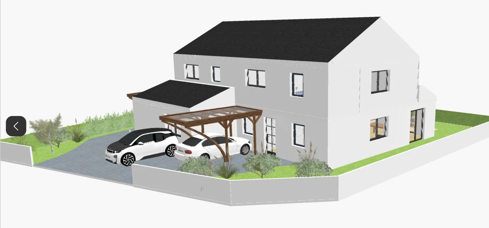 3D-Gebäudemodell eines zweigeschossigen Hauses mit Holzcarport, zwei Autos und Garten