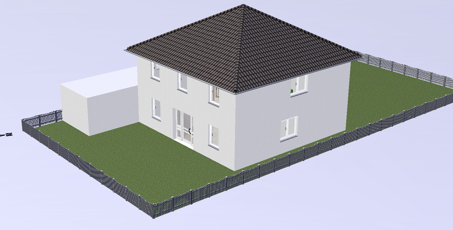 Zweistöckiges hellgraues Haus mit dunklem Ziegeldach, umzäunter Garten und Nebengebäude.