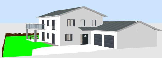 Modernes zweistöckiges Haus mit Balkon links, grünem Garten und Doppelgarage.