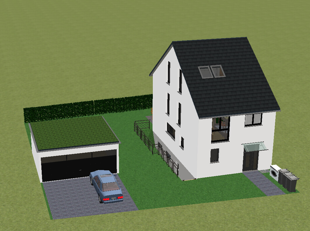 Weißes zweistöckiges Haus mit dunklem Satteldach, Garage, Auto auf Einfahrt, Garten und Hecke.