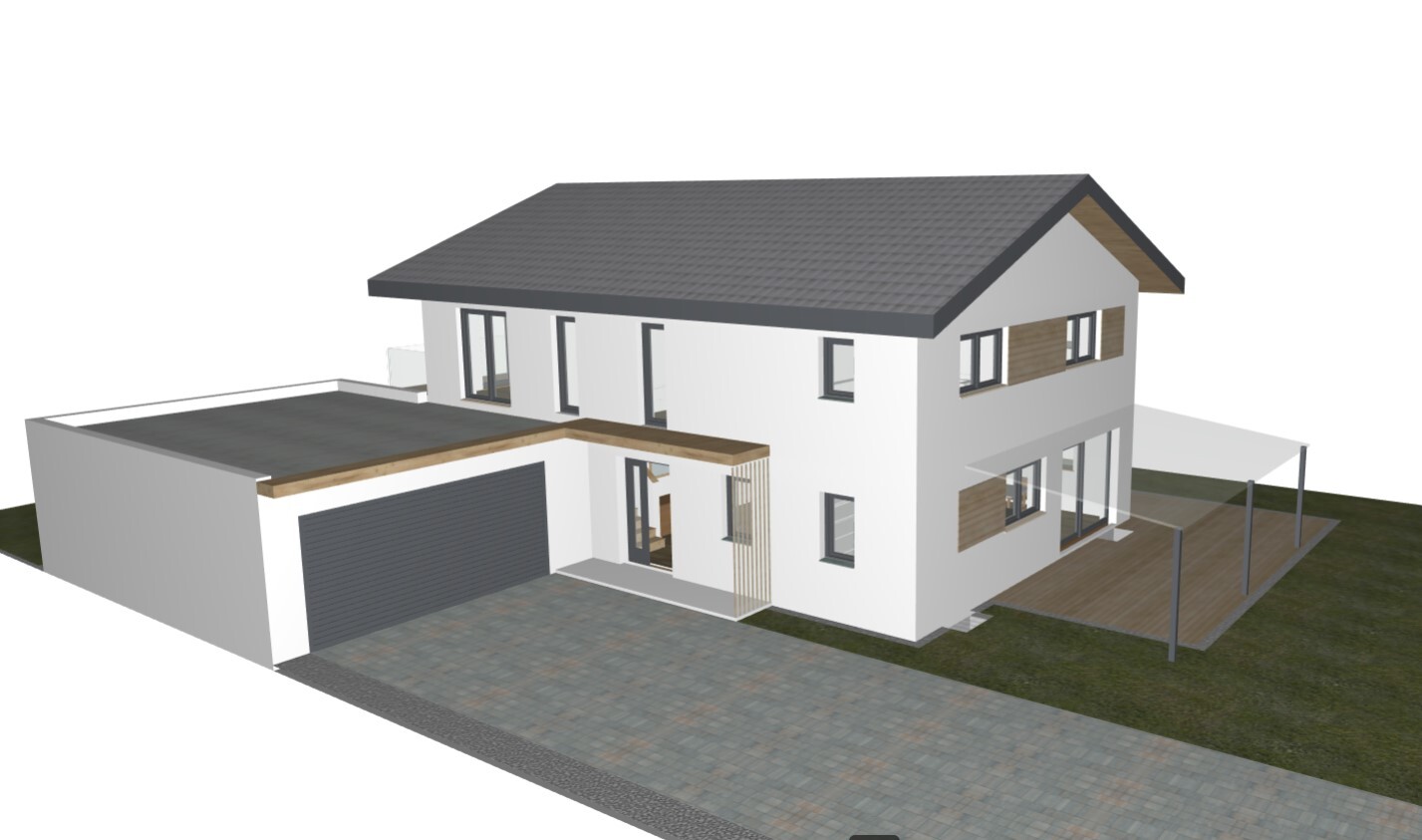 Moderne zweigeschossige Villa mit Garage, Holzverkleidungen und Terrasse.