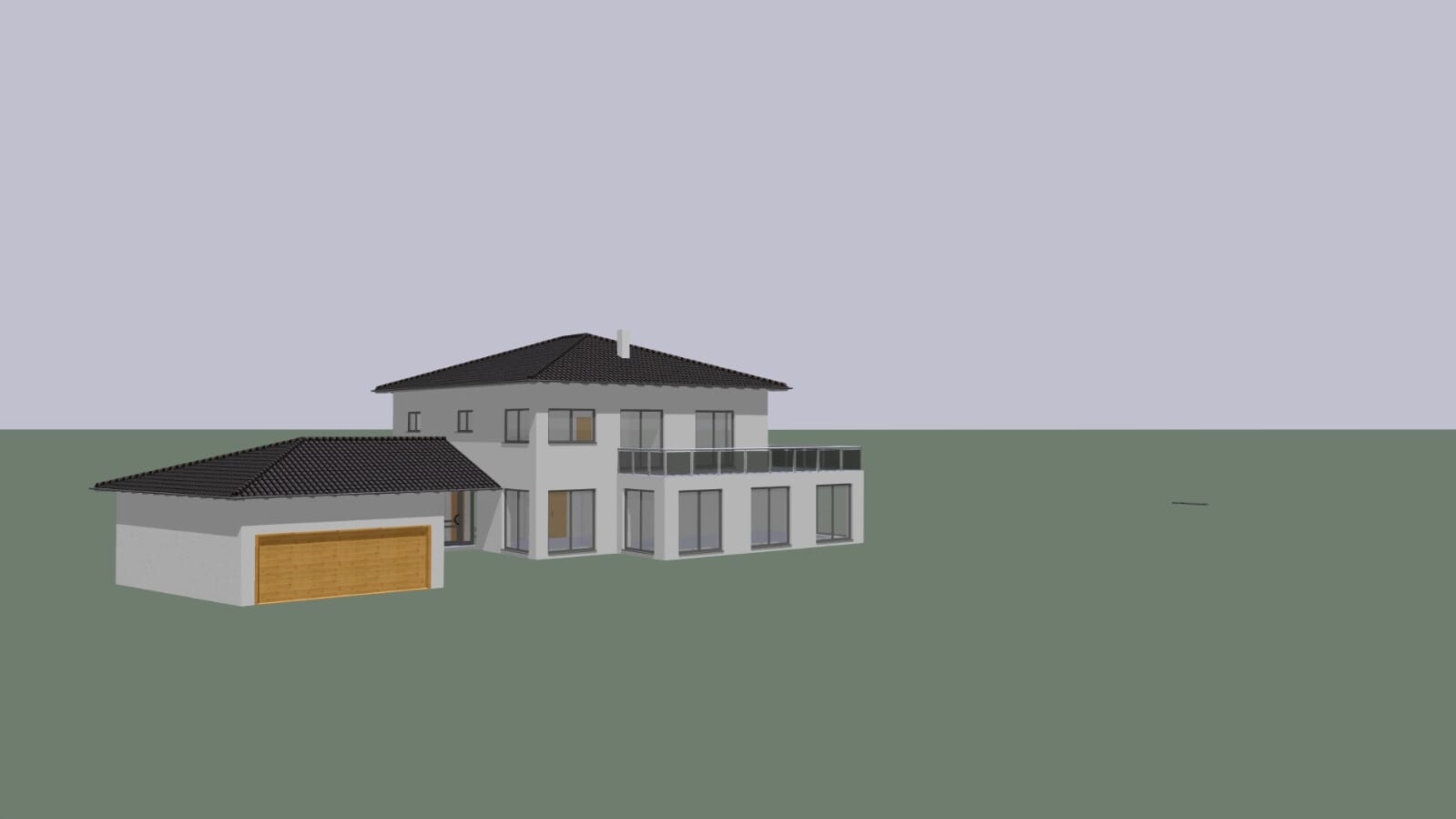 Modernes zweistöckiges Haus mit Balkon, großen Glasfenstern und Garage auf grünem Grundstück