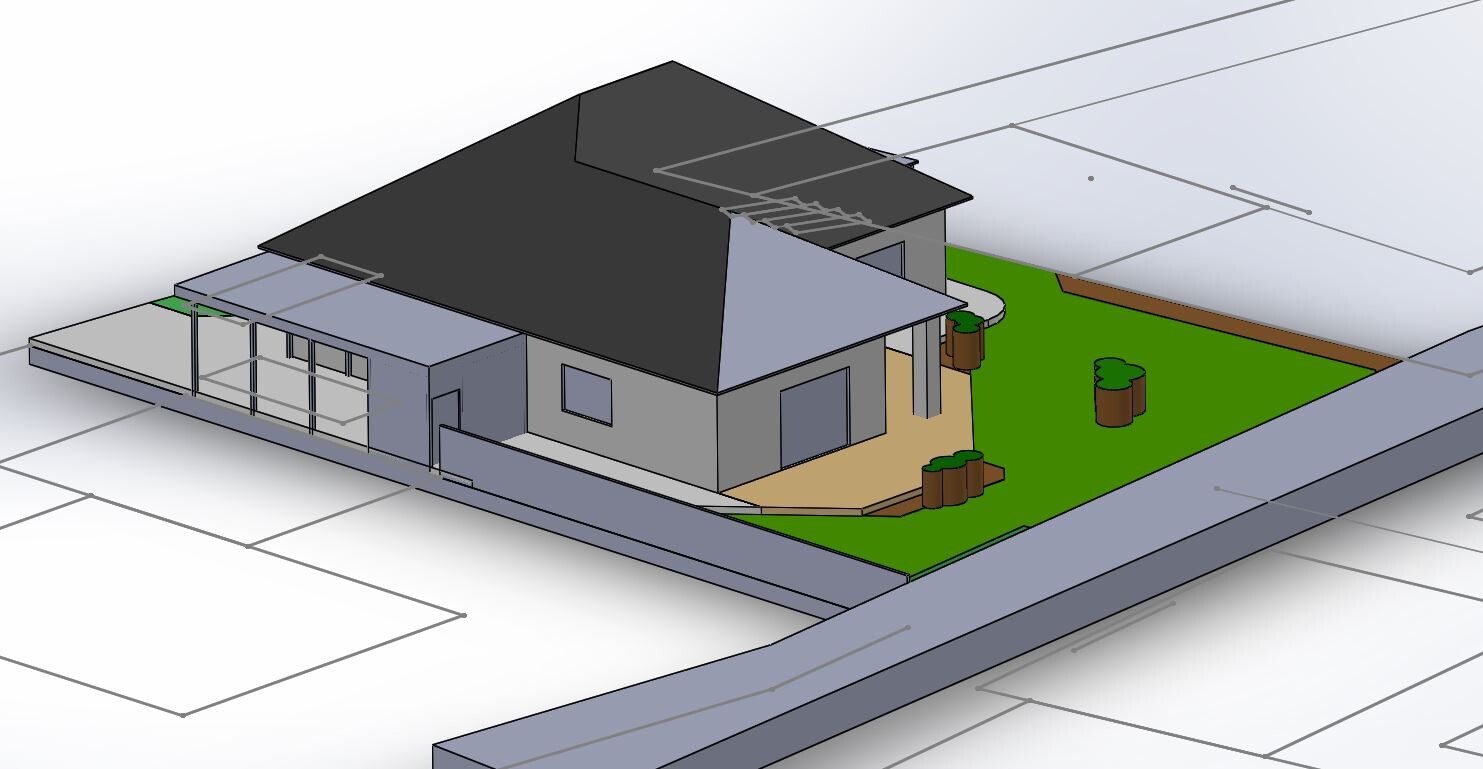 3D-Hausmodell mit dunklem Satteldach, Veranda und grünem Garten.