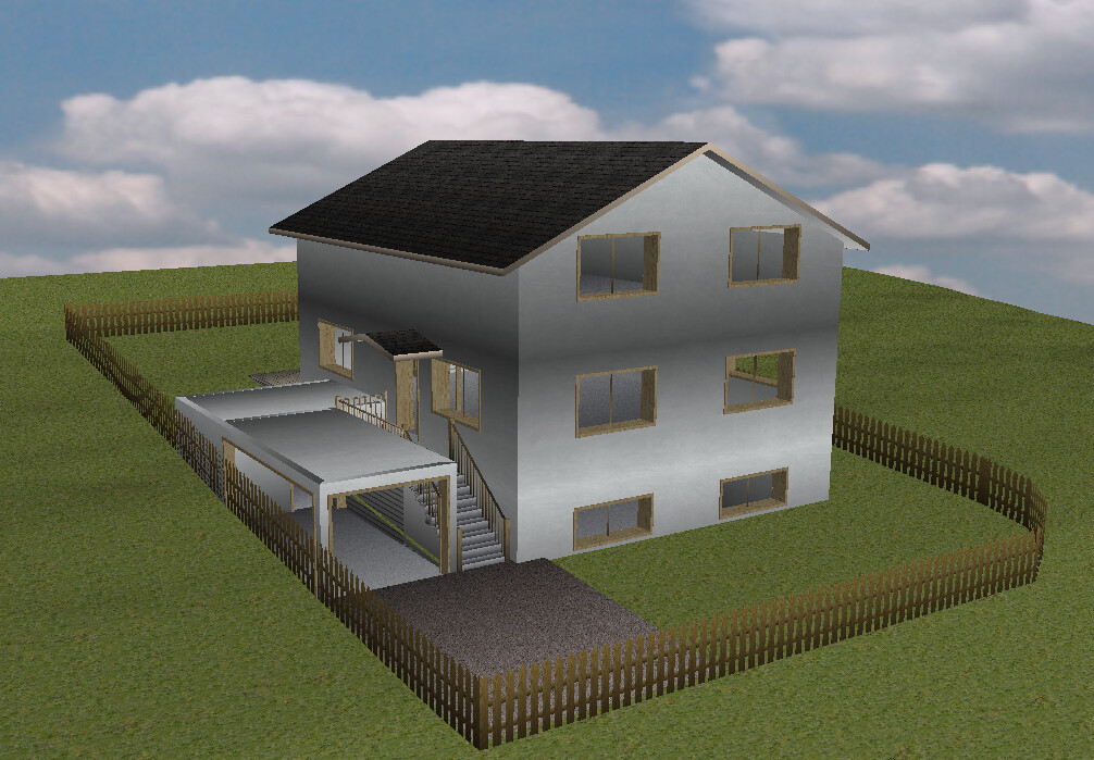 Zweistöckiges Haus mit Carport, Treppe und Gartenzaun auf grünem Grundstück.