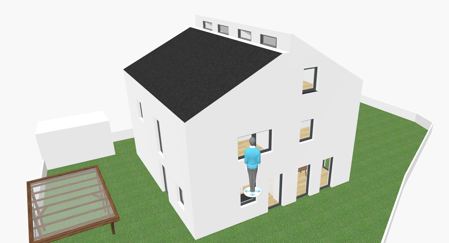 3D-Visualisierung eines weißen zweistöckigen Hauses mit schwarzem Dach, Garten und Figur am Fenster