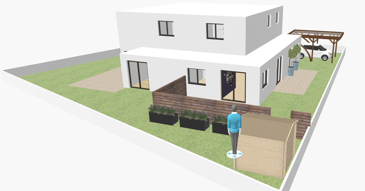 Moderne weiße zweistöckige Hausansicht mit Garten, Zaun, Pflanzkübeln und Person im Vordergrund