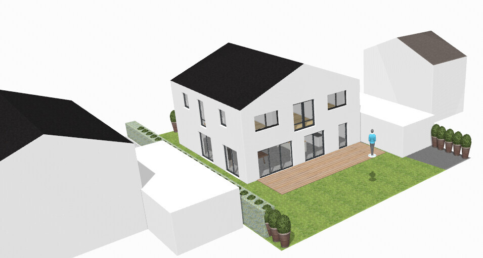 Moderne weiße Zweigeschoss-Villa mit schwarzem Dach, Holzterrasse, grünem Garten und einer Person