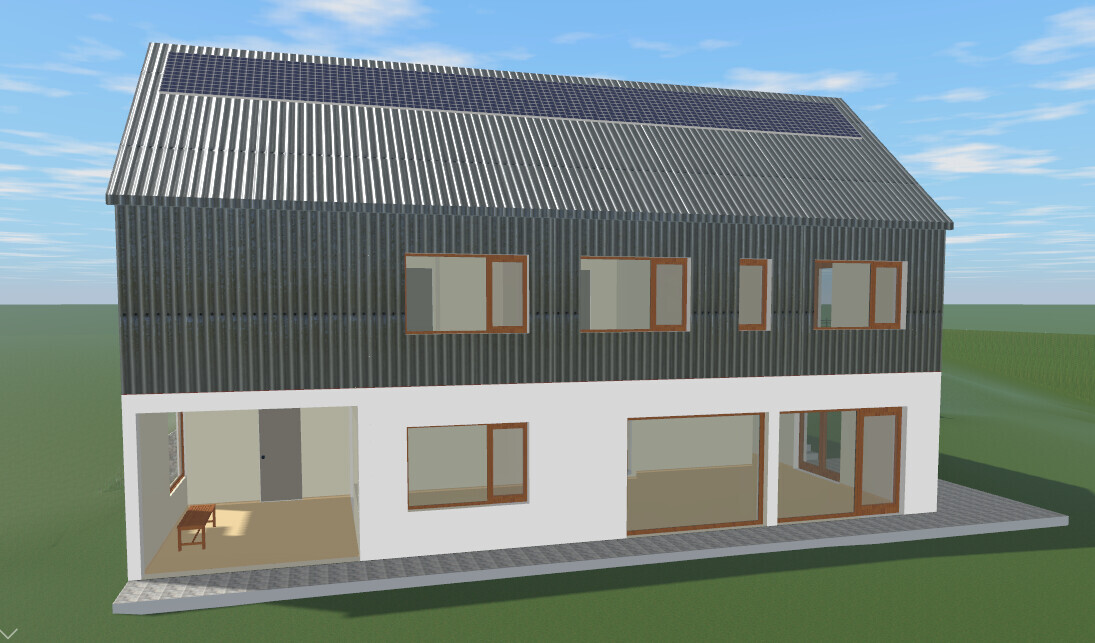 Modernes zweistöckiges Haus mit Metallverkleidung, Solarmodule und großen Fenstern.