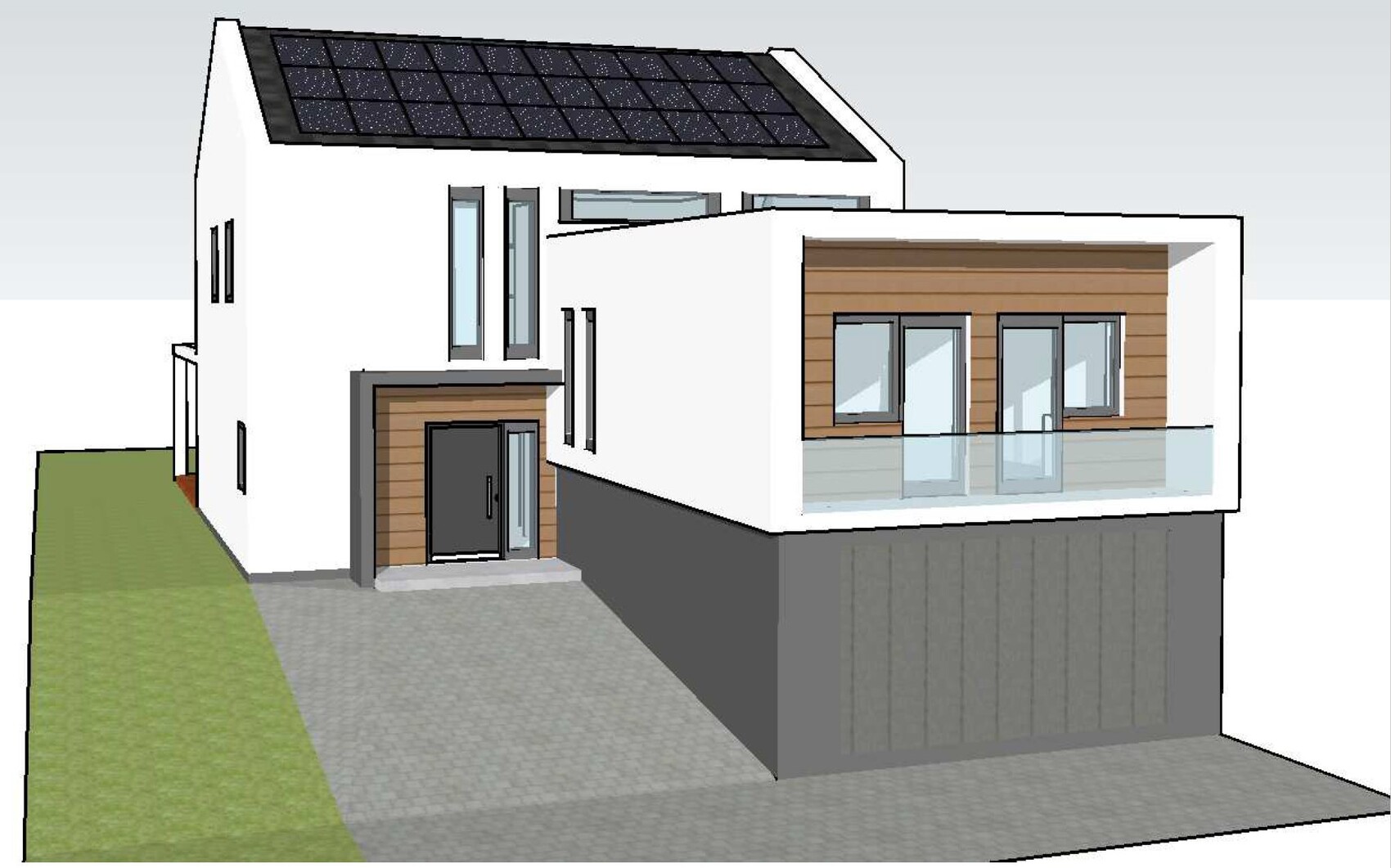 Modernes weißes Einfamilienhaus mit Solarpanelen, Holzverkleidung und Glasbalkon.