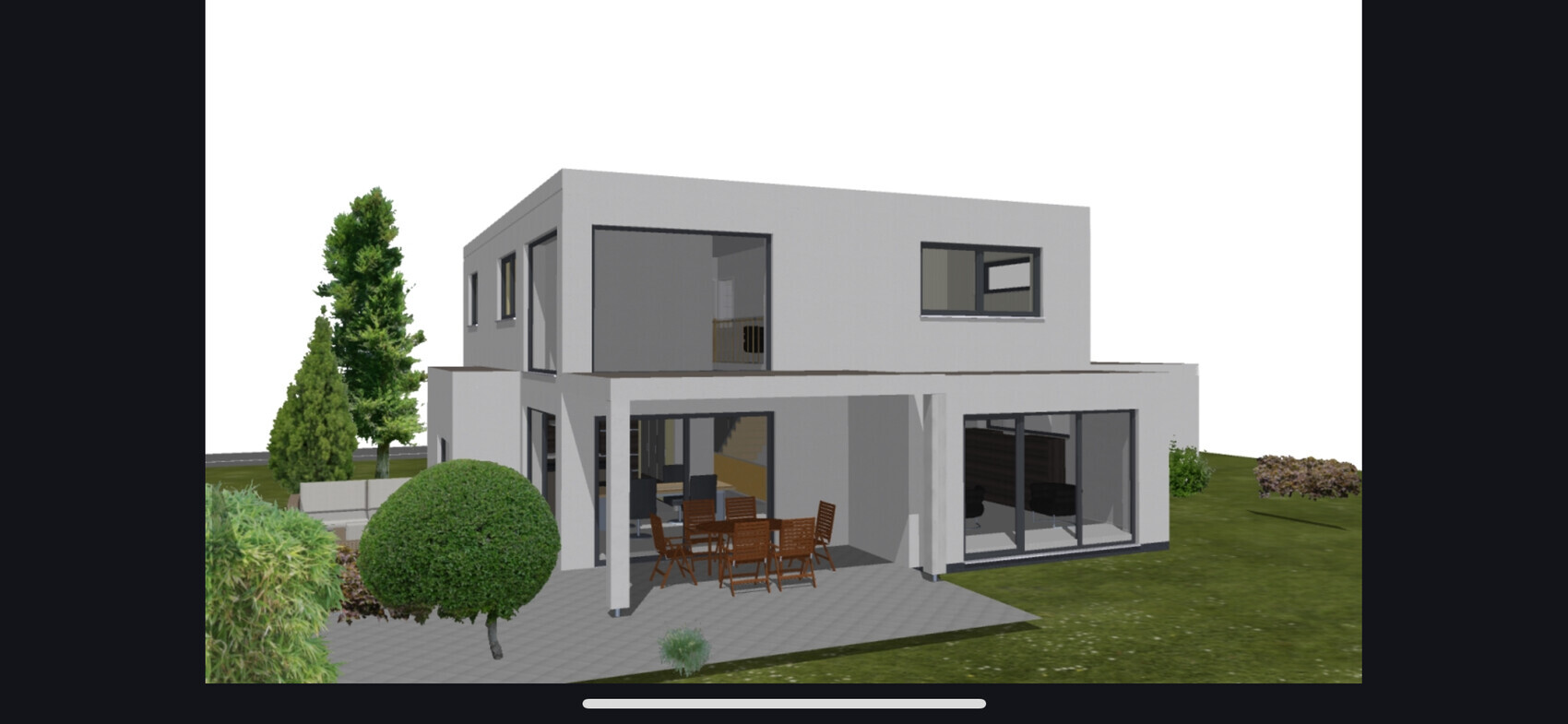 Moderne zweigeschossige Villa mit Terrasse, großen Glasfenstern, Esstisch und Garten.