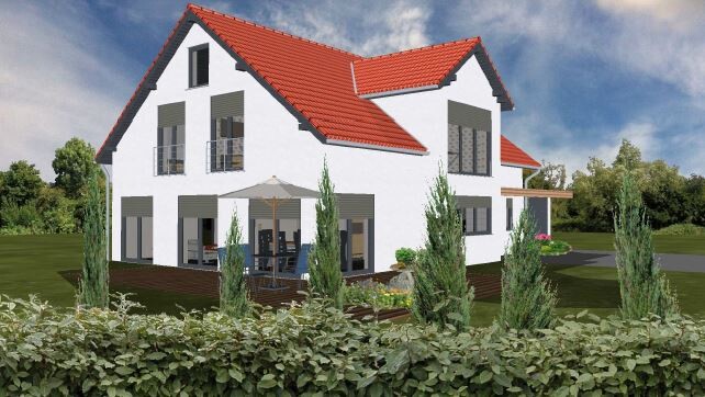 Außenansicht eines modernen 3D-Hauses mit Terrasse und Garten