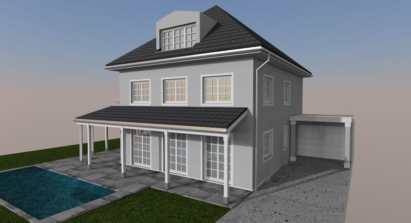 Aussenansicht eines modernen zweigeschossigen Hauses mit Veranda, Pool und Einfahrt im 3D-Render.