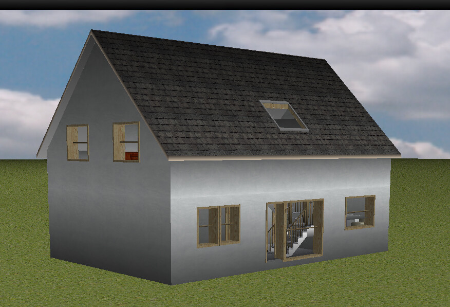 3D-Darstellung eines grauen Hauses mit dunklem Satteldach, offenen Türen und Fenstern.
