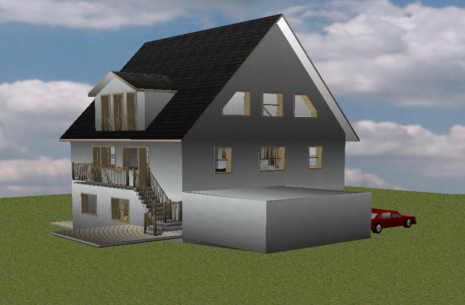 Zweistöckiges Haus mit Außentreppe, Balkon und rotem Auto auf grünem Rasen.