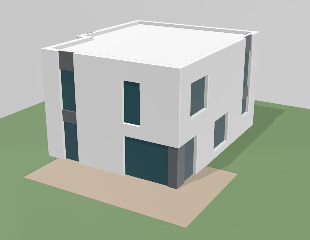 Modernes, zweistöckiges weißes Minimalhaus mit Flachdach und dunkelblauen Fenstern.