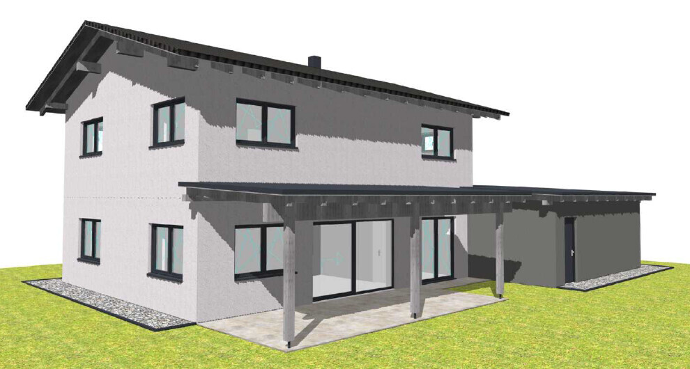 Moderne zweigeschossige Haus-Render mit Terrasse, großen Glasfronten und grauer Fassade.