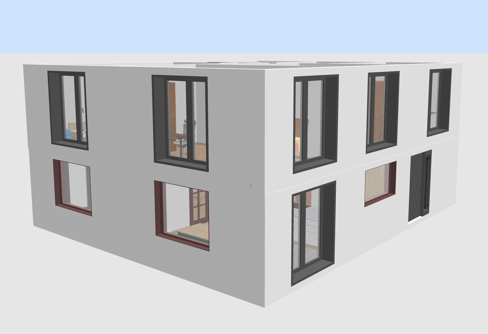 Zwei-geschossiges modernes Hausmodell mit großen dunkel gerahmten Fenstern.