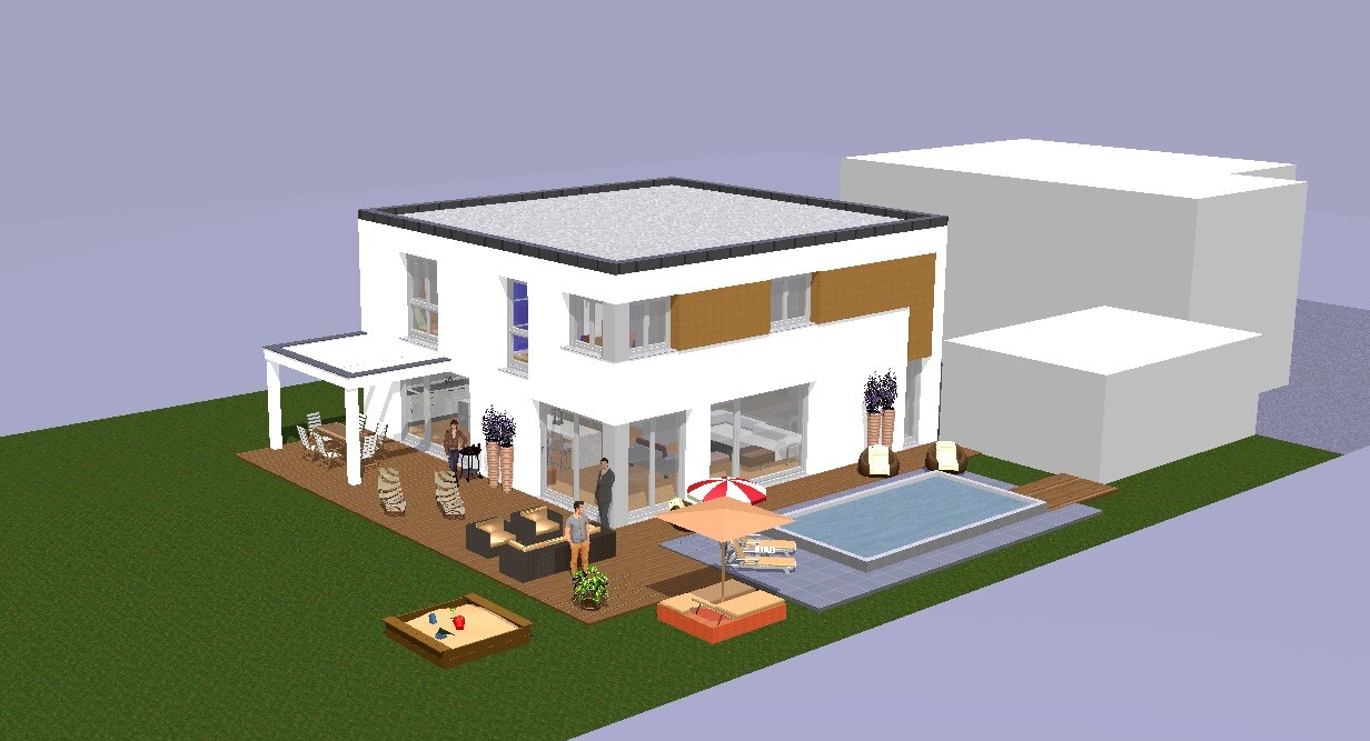 Moderne weiße Villa mit Flachdach, Holzterrasse, Pool und Lounge-Möbel im Garten.