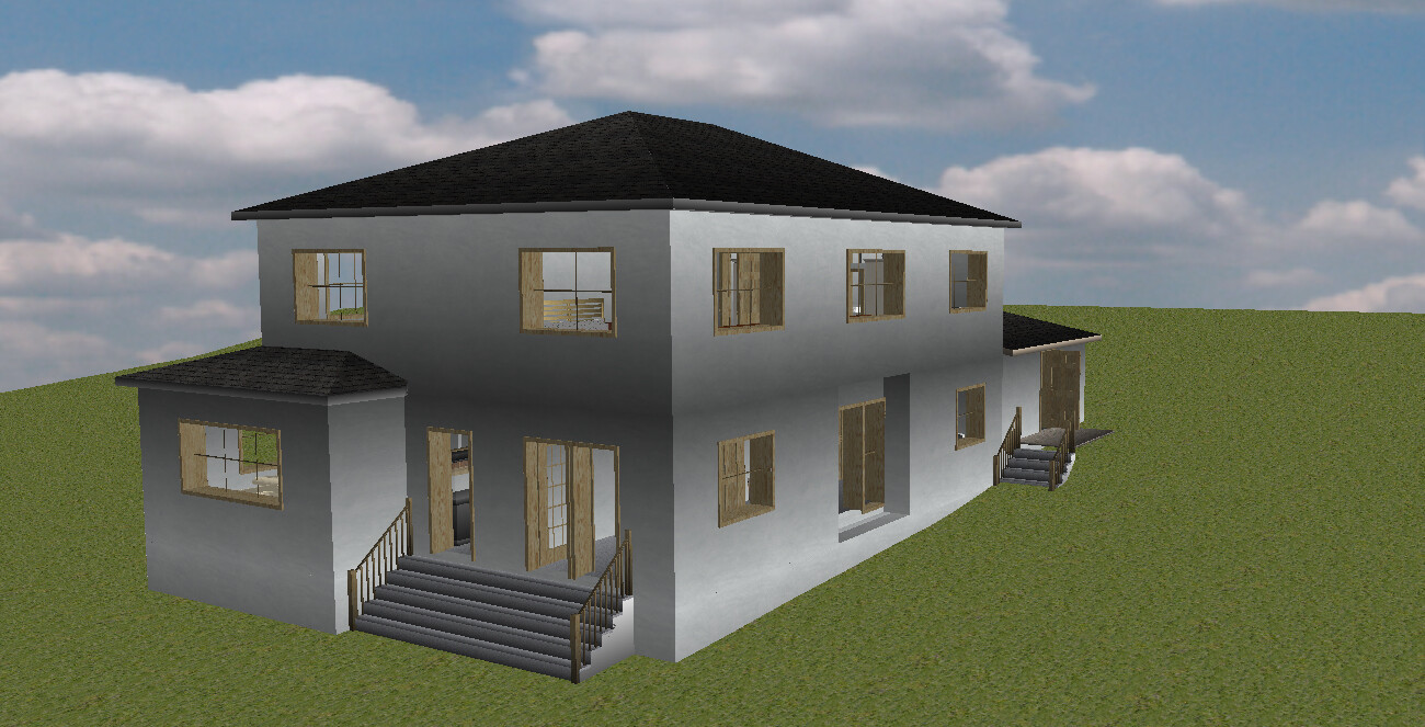 Großes zweistöckiges Haus auf grünem Hügel, graue Fassade, dunkles Dach, viele Fenster.