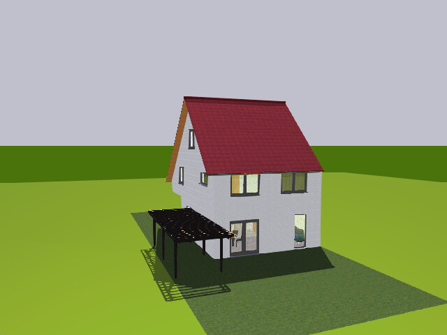 Zweistöckiges Haus mit rotem Dach, weißer Fassade und Pergola auf grünem Rasen.