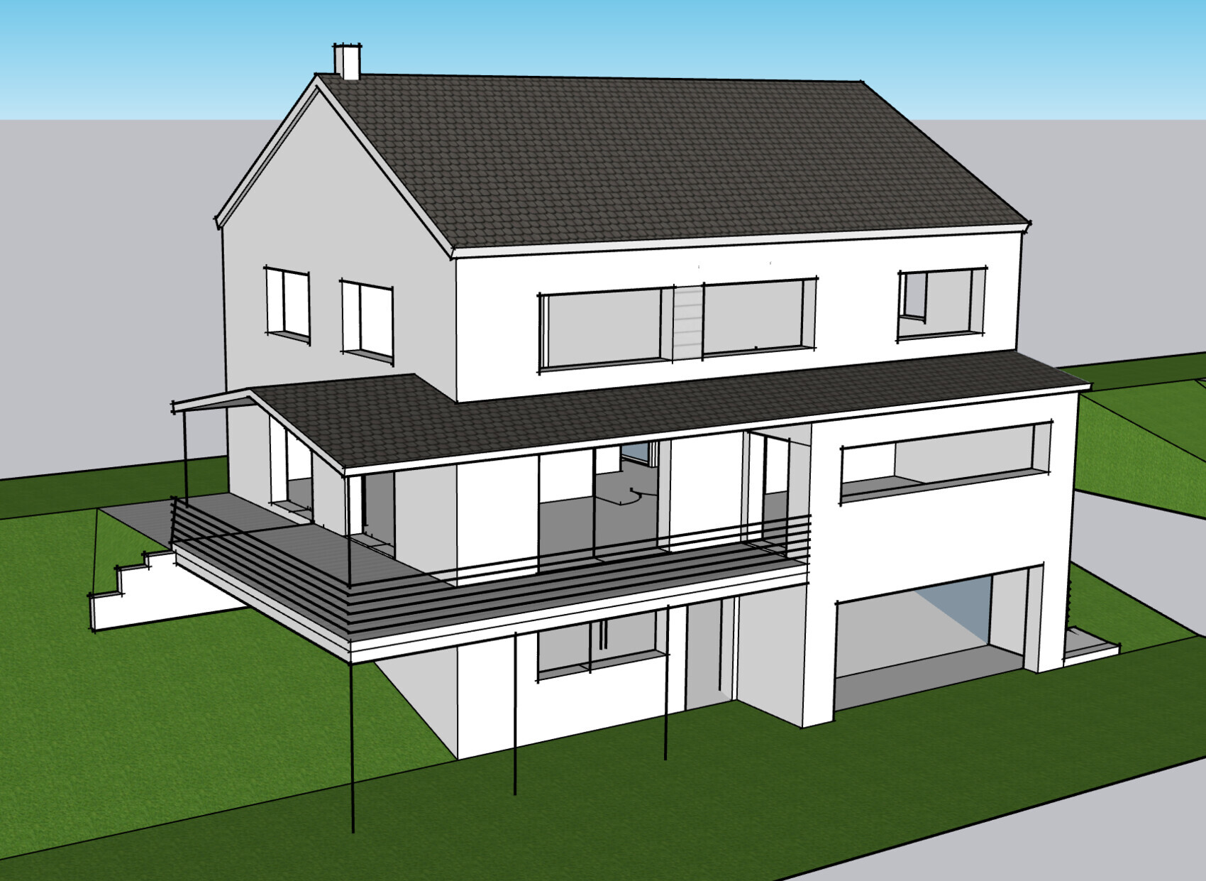 Moderne zweigeschossige Villa mit weißer Fassade, grauem Dach, großer Terrasse und Garage.